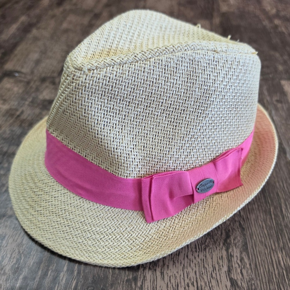 CAPPELLO Fedora Hat Women Beige Pink Ribbon Bow Straw Paper Sun Hat 7311